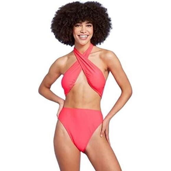 Women's Cross Front Halter One Piece Swimsuit - Wild Fable™ Coral Medium - Picture 1 of 4